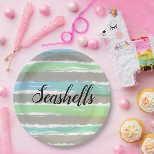 シーシェルズグレーグリーンブルーウォーターストライプカラー ペーパープレート (パーティー)