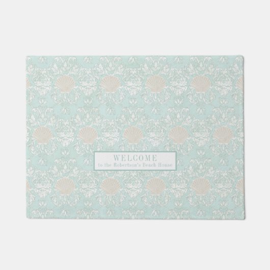 シーシェルズビーチシーサイドブルーホワイトダマスクパターン ドアマット (正面)