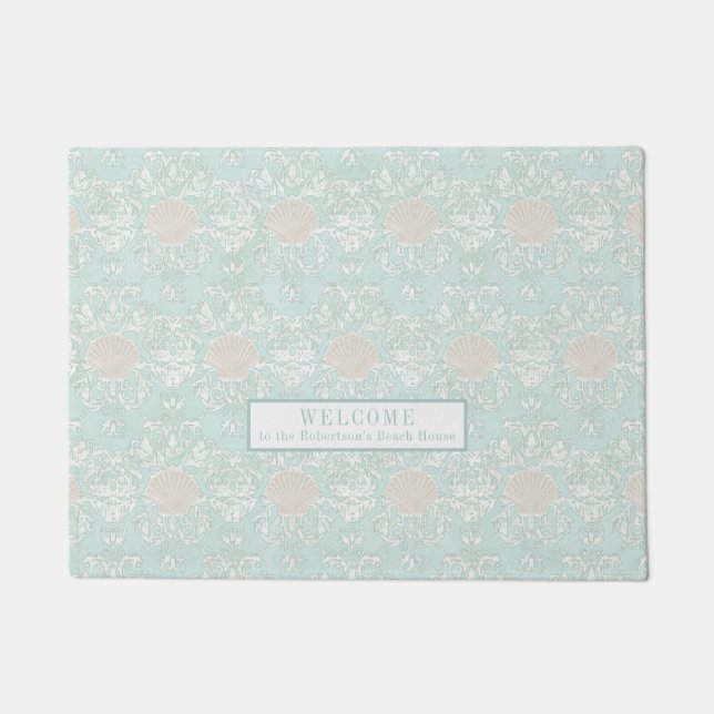 シーシェルズビーチシーサイドブルーホワイトダマスクパターン ドアマット (正面)