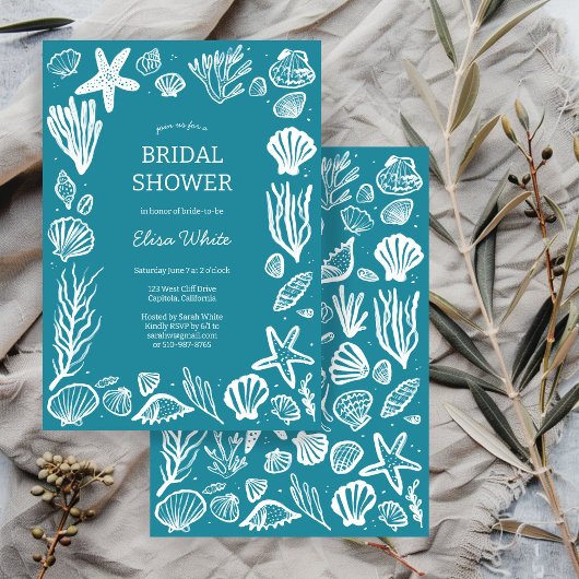 シーシェルズフレームブライダルシャワーティール(緑がかった色)ビーチカスタム 招待状