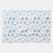 シーシェルズブルーウォーターカラーシーショアパーティー キッチンタオル (横)