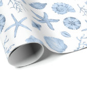 シーシェルズブルーウォーターカラーシーショアパーティー ラッピングペーパー (ロールコーナー)