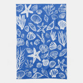 シーシェルズブルー&ホワイトパターンビーチシェルシック キッチンタオル (縦)