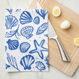 シーシェルズブルー&ホワイトパターンビーチシェルシック キッチンタオル