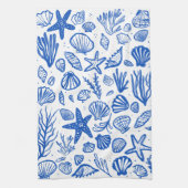 シーシェルズブルー&ホワイトパターンビーチシェルシック キッチンタオル (縦)