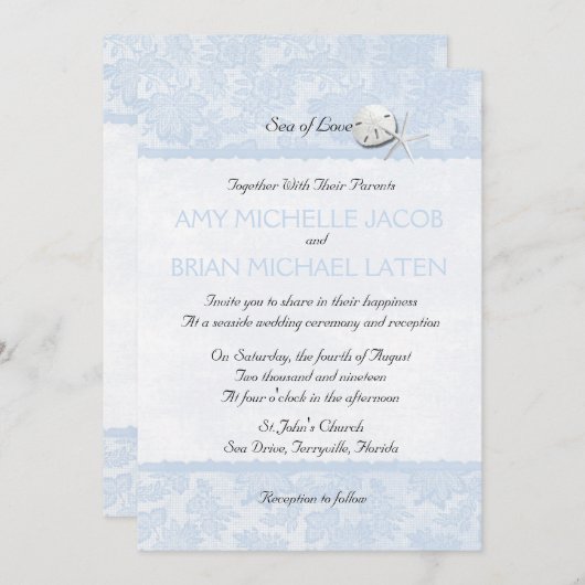 シーシェルズブ淡い色のルーフローラレースビーチ結婚式 招待状 (正面/裏面)