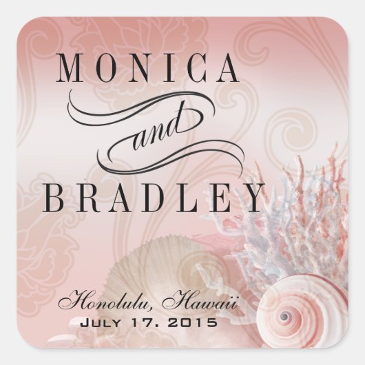 シーシェルドリームズビーチ結婚式ピンク スクエアシール (正面)