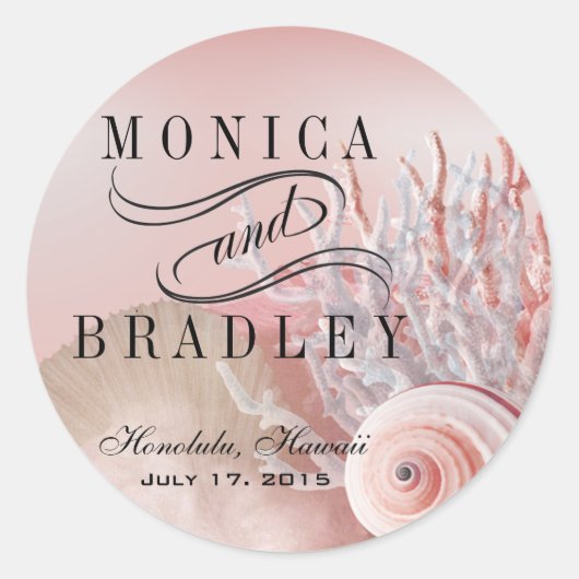 シーシェルドリームズビーチ結婚式ピンク ラウンドシール (正面)