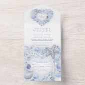 シーシェルハート水彩ビーチ結婚式ブルー オールインワン招待状 (内側)