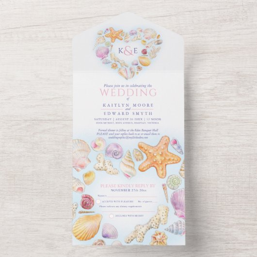 シーシェルハート水彩ビーチ結婚式 オールインワン招待状 (内側)