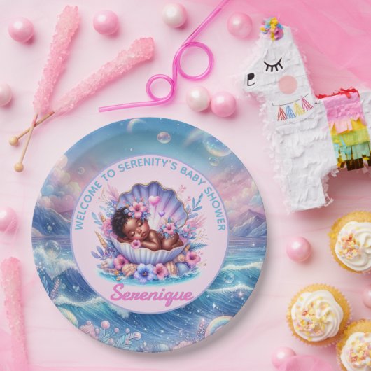 シーシェルパステルのアフリカ系アメリカ人ベビーガール ペーパープレート (パーティー)