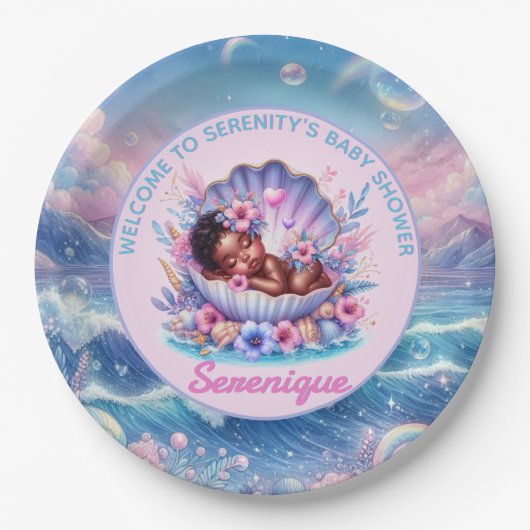 シーシェルパステルのアフリカ系アメリカ人ベビーガール ペーパープレート (正面)
