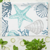 シーシェルヒトデ模様ブルーとティール(緑がかった色) キッチンタオル (折り畳み)