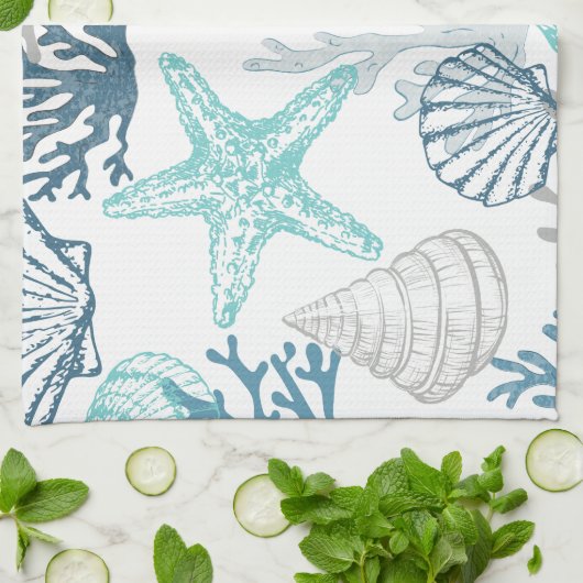 シーシェルヒトデ模様ブルーとティール（緑がかった色） キッチンタオル (折り畳み)