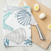 シーシェルヒトデ模様ブルーとティール(緑がかった色) キッチンタオル (四つ折り)