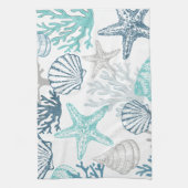 シーシェルヒトデ模様ブルーとティール(緑がかった色) キッチンタオル (縦)