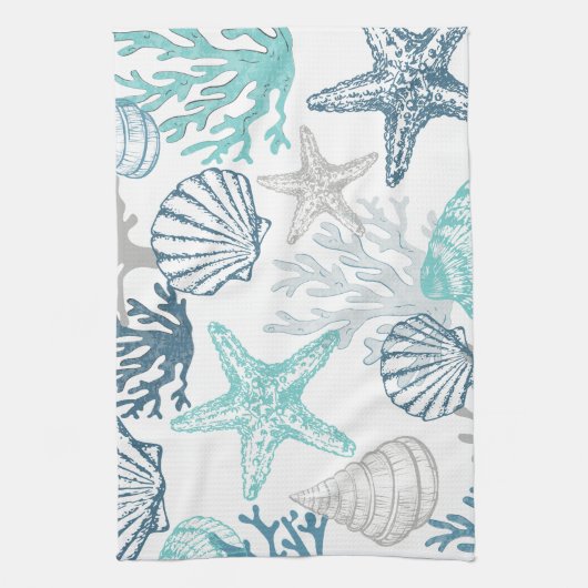 シーシェルヒトデ模様ブルーとティール（緑がかった色） キッチンタオル (縦)