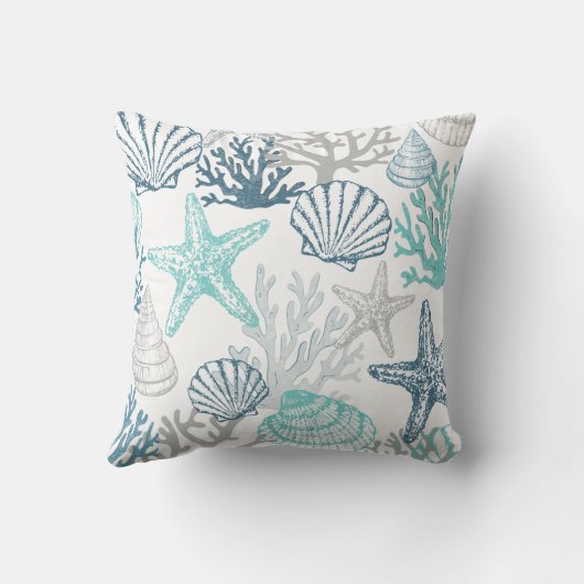 シーシェルヒトデ模様ブルーとティール(緑がかった色) クッション (裏面)