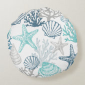 シーシェルヒトデ模様ブルーとティール（緑がかった色） ラウンドクッション (裏面)