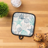 シーシェルヒトデ模様ブルーとティール（緑がかった色） 鍋敷き (トップダウン)