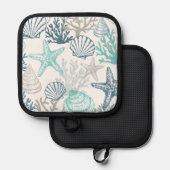 シーシェルヒトデ模様ブルーとティール（緑がかった色） 鍋敷き (正面/裏面)