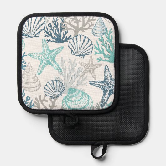 シーシェルヒトデ模様ブルーとティール（緑がかった色） 鍋敷き (正面/裏面)