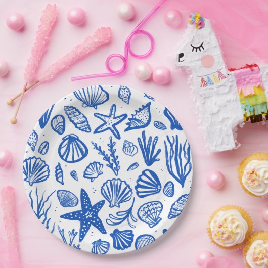 シーシェルビーチ結婚式ブルーホワイトキュートシーサイド ペーパープレート (パーティー)