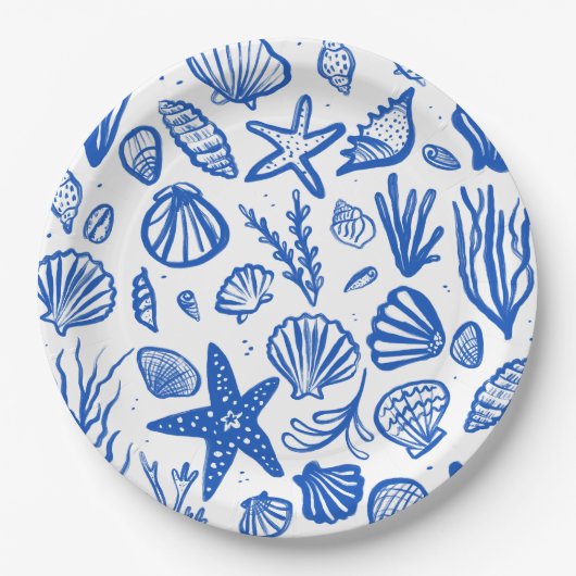 シーシェルビーチ結婚式ブルーホワイトキュートシーサイド ペーパープレート (正面)