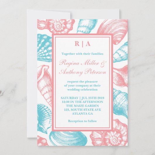 シーシェルビーチ結婚式招待状ピンクブルーホワイト 招待状 (正面)