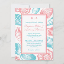シーシェルビーチ結婚式招待状ピンクブルーホワイト