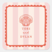 シーシェルピンクストライプのトロピカルビーチ結婚式 スクエアシール (正面)