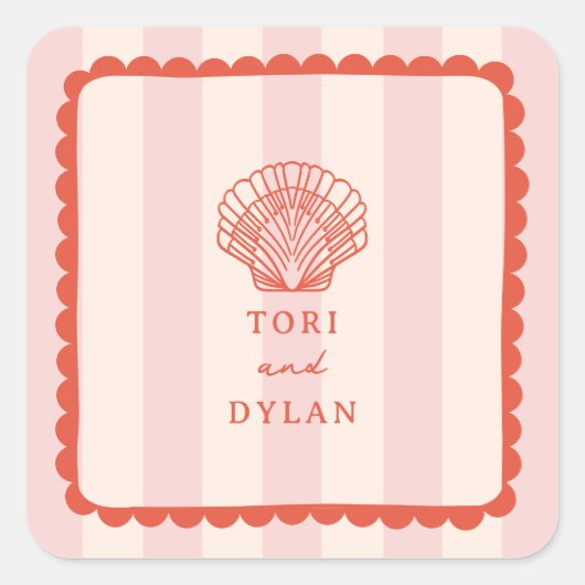 シーシェルピンクストライプのトロピカルビーチ結婚式 スクエアシール (正面)