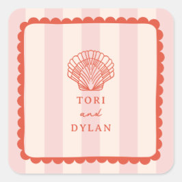 シーシェルピンクストライプのトロピカルビーチ結婚式 スクエアシール
