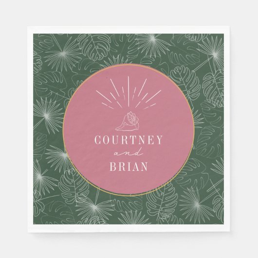 シーシェルピンク&グリーンパームトロピカルビーチ結婚式 スタンダードランチョンナプキン (正面)