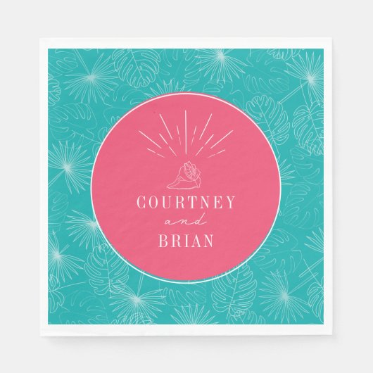 シーシェルピンク&ブルーパームトロピカルビーチ結婚式 スタンダードランチョンナプキン (正面)
