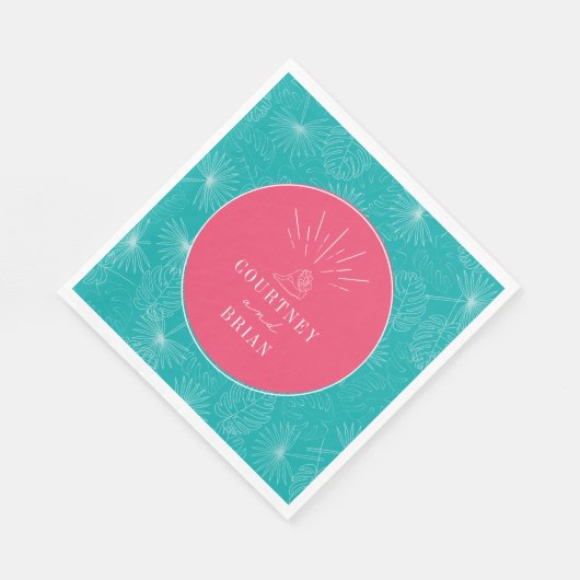 シーシェルピンク&ブルーパームトロピカルビーチ結婚式 スタンダードランチョンナプキン (角)