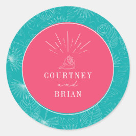 シーシェルピンク&ブルーパームトロピカルビーチ結婚式 ラウンドシール