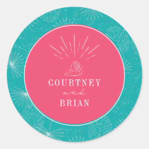 シーシェルピンク&ブルーパームトロピカルビーチ結婚式 ラウンドシール