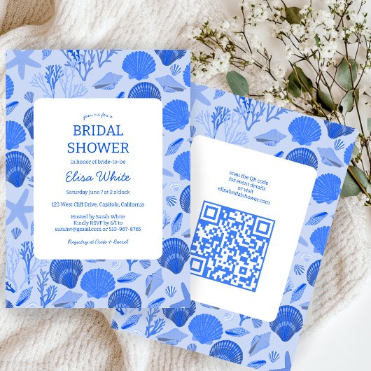 シーシェルブライダルシャワーシックブルービーチカスタムQR 招待状