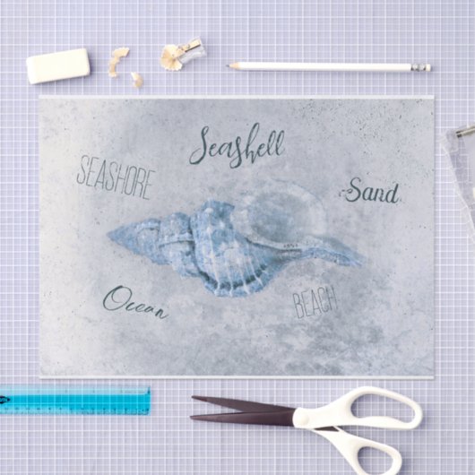 シーシェルブルーヴィンテージアンティークビーチエフェメラ 薄葉紙 (クラフト)