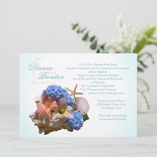 シーシェルブーケとヒトデの目的地の結婚式 招待状 (スタンド正面)