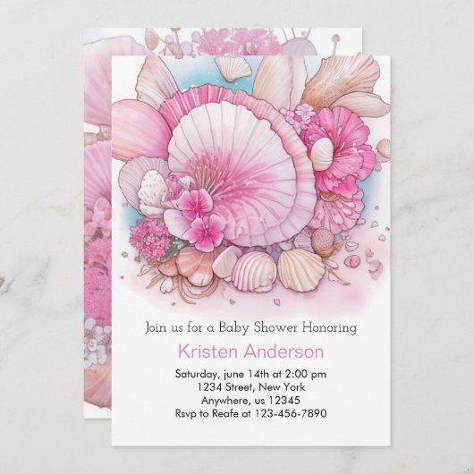 シーシェルボーホディライトガールベビーシャワー 招待状 (正面/裏面)