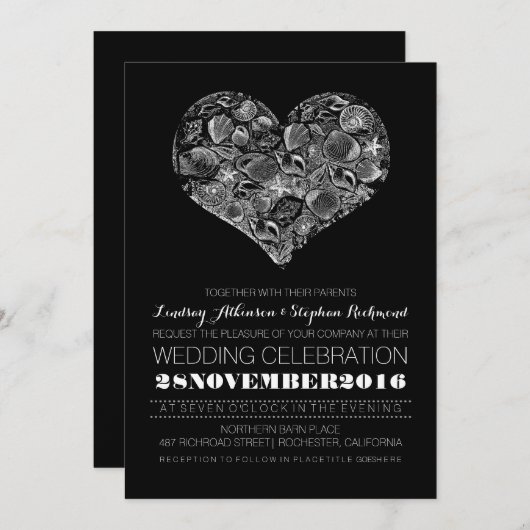 シーシェル付きビーチ結婚式のブラック招待 招待状 (正面/裏面)