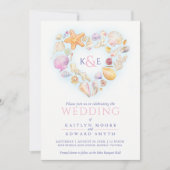 シーシェル水カラーハートビーチ結婚式ピンク 招待状 (正面)