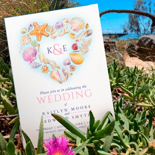 シーシェル水カラーハートビーチ結婚式ピンク 招待状