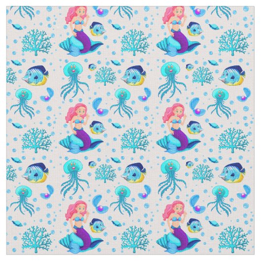 シーシェル海中魚のピンクアクアマーメイド ファブリック (クローズアップ)