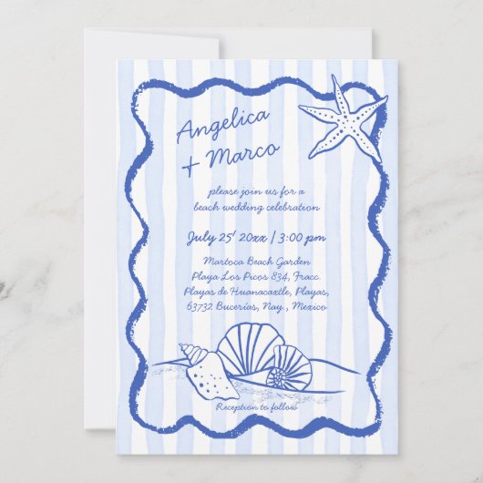 シーシェル青い手羽織の波状縁どビーチ結婚式 招待状 (正面)