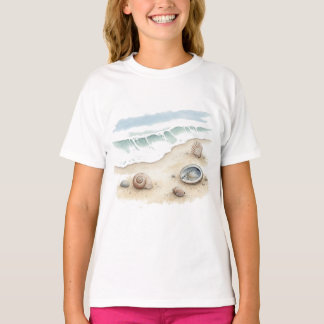 シーシェル＆サンド 水彩 ビーチトート ガールTシャツ Tシャツ