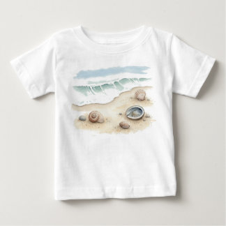 シーシェル＆サンド 水彩 ビーチトート ボディTシャツ ベビーTシャツ