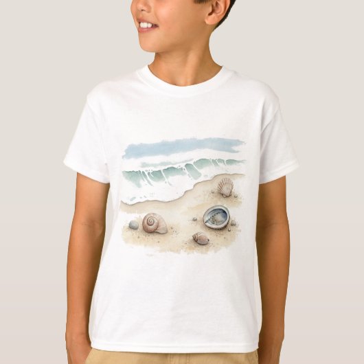 シーシェル&サンド 水彩 ビーチトート ボーイTシャツ Tシャツ (正面)